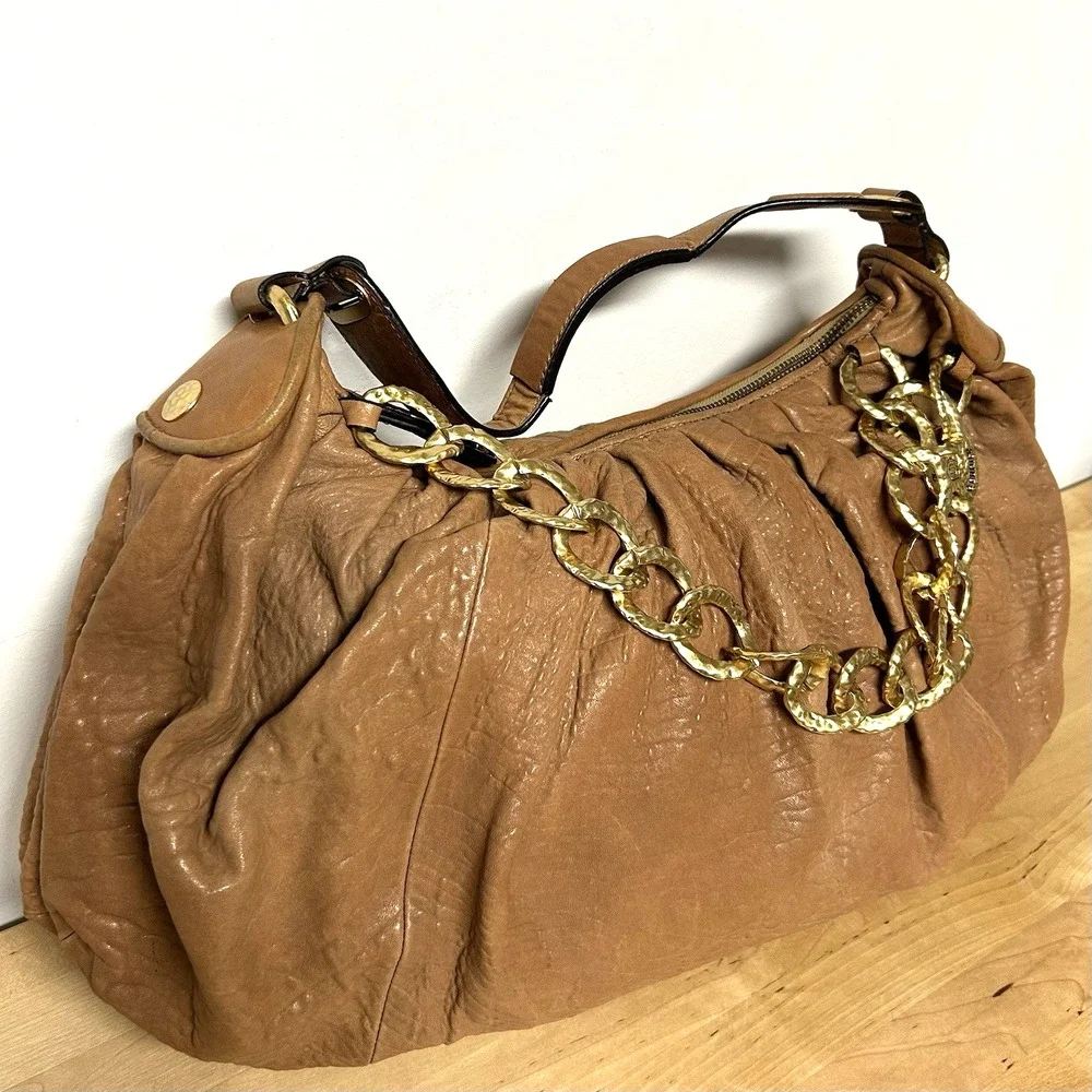 Vtg Y2k Juicy Couture Brown Leather Bag Slouchy Hobo Chunky Gold Chain Boho